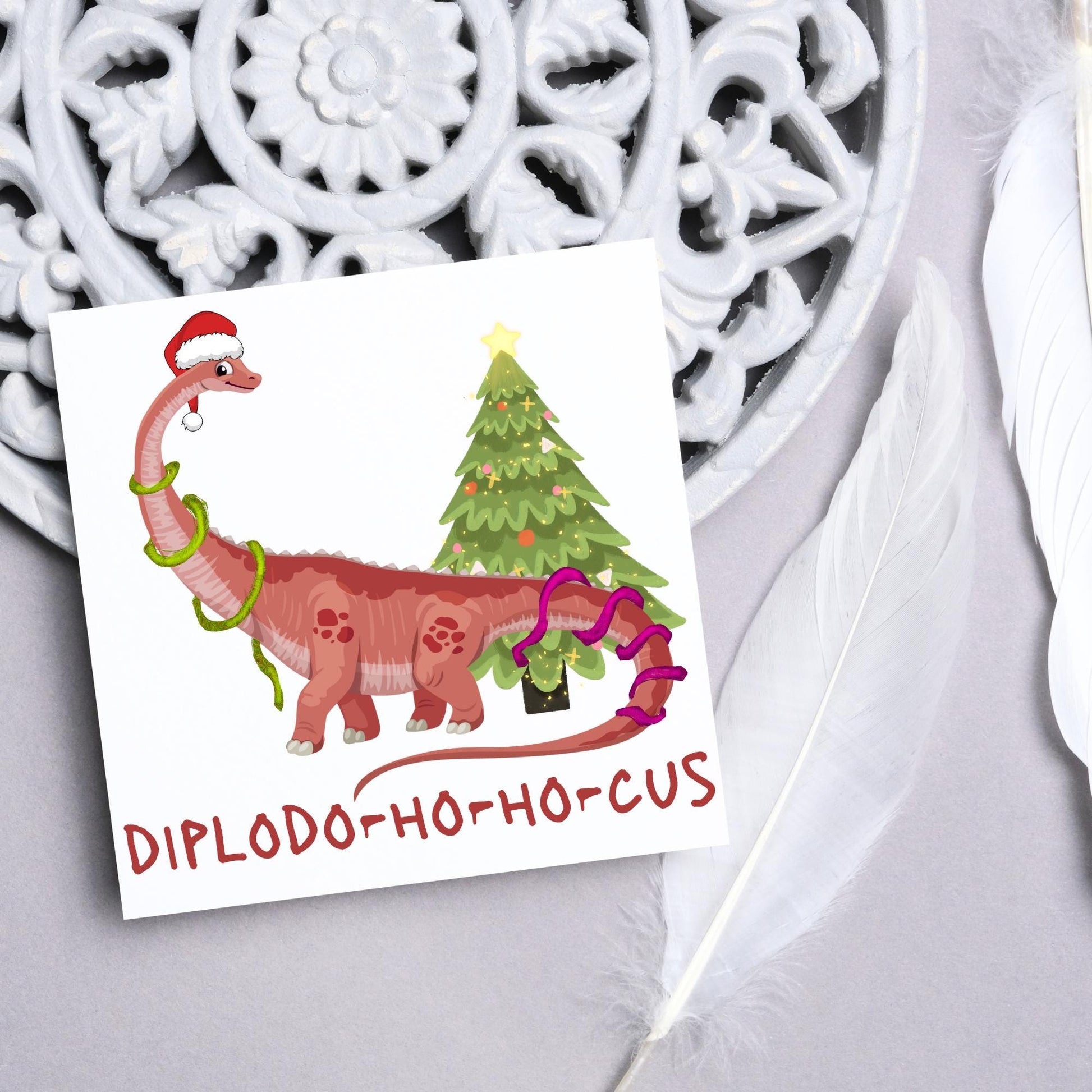 Dinosaur Christmas card, Diplodocus Xmas Card, Diplodocus Dinosaur, Cards for Dinosaur lover, Cards for kids, Funny Childs Christmas Card