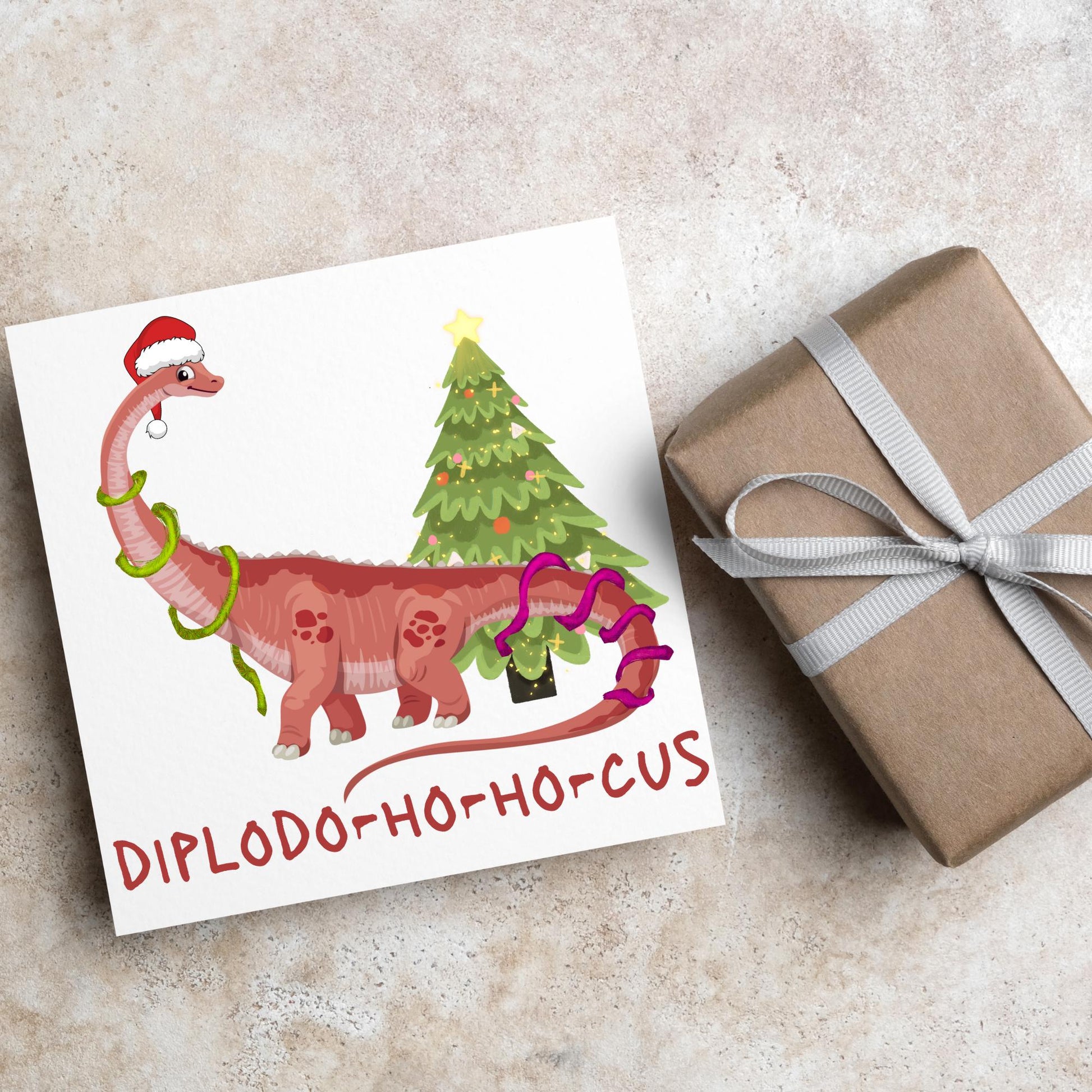 Dinosaur Christmas card, Diplodocus Xmas Card, Diplodocus Dinosaur, Cards for Dinosaur lover, Cards for kids, Funny Childs Christmas Card