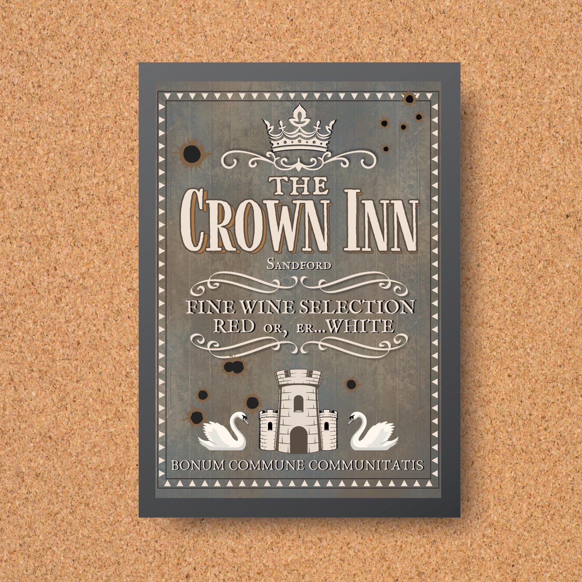 Hot Fuzz Pub Sign A4 Print, High Quality Poster, Edgar Wright Movies, Cornetto Trilogy Poster, Nick Frost, The Crown Inn, The Greater Good
