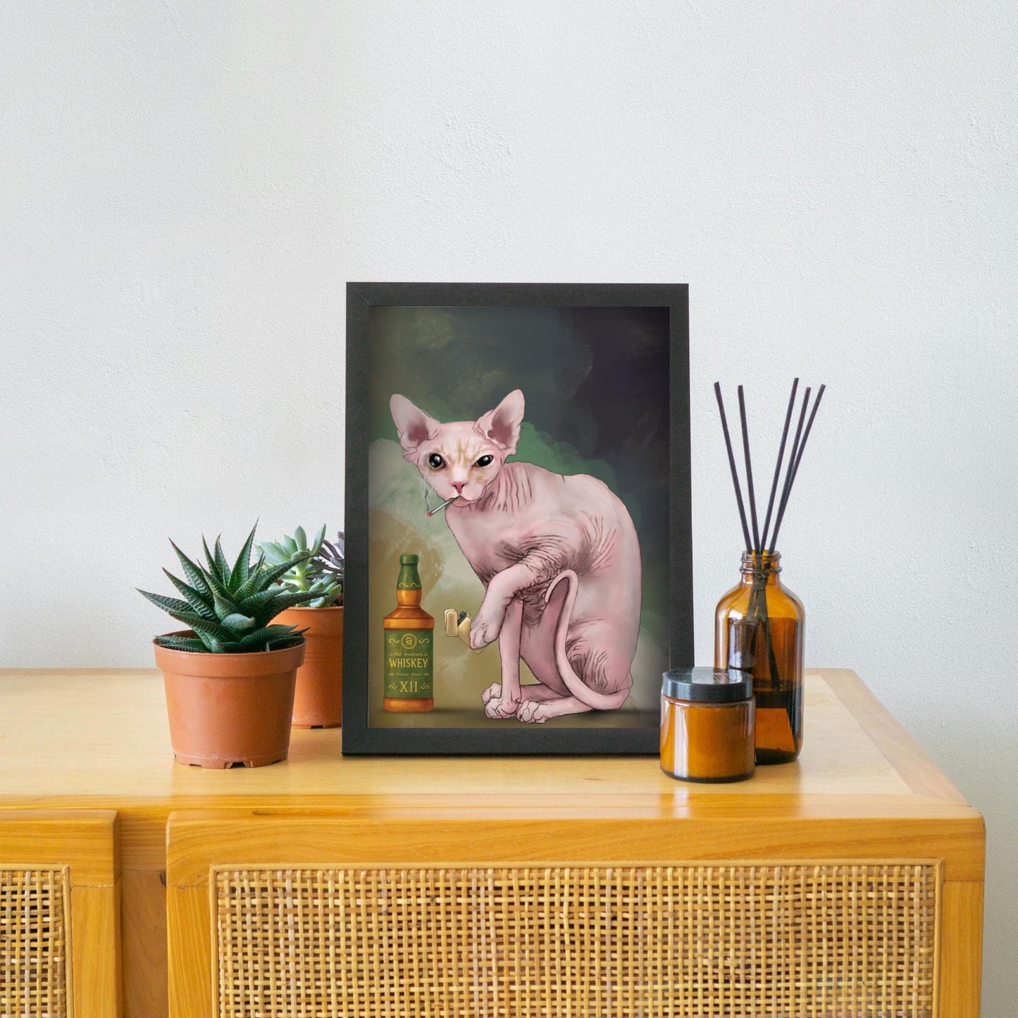 Sphynx Cat Art Print, Hairless Cat Smoking, Quirky Wall Art A4 Poster, Weird Home Decor