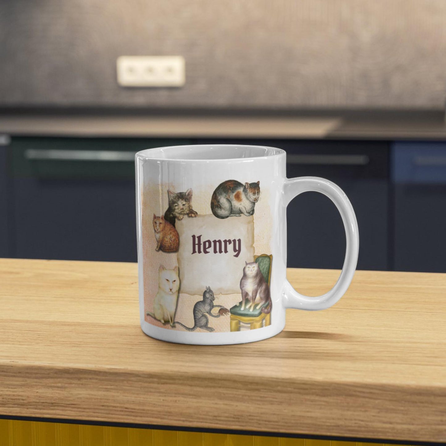 Personalised Medieval Cat Mug, Ugly Cats, Marginalia, Funny Custom Name Coffee Cup - Multi Colour Options