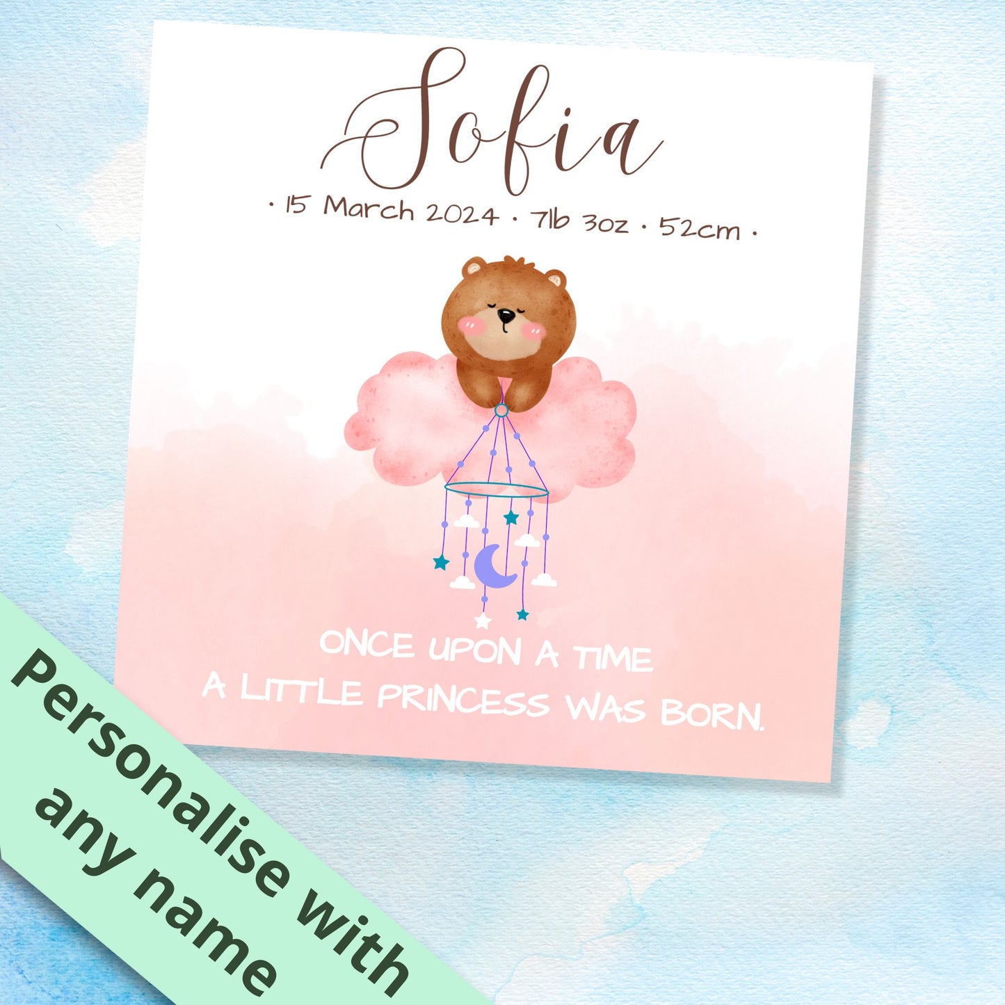 Personalised New Baby Bear Card for a girl