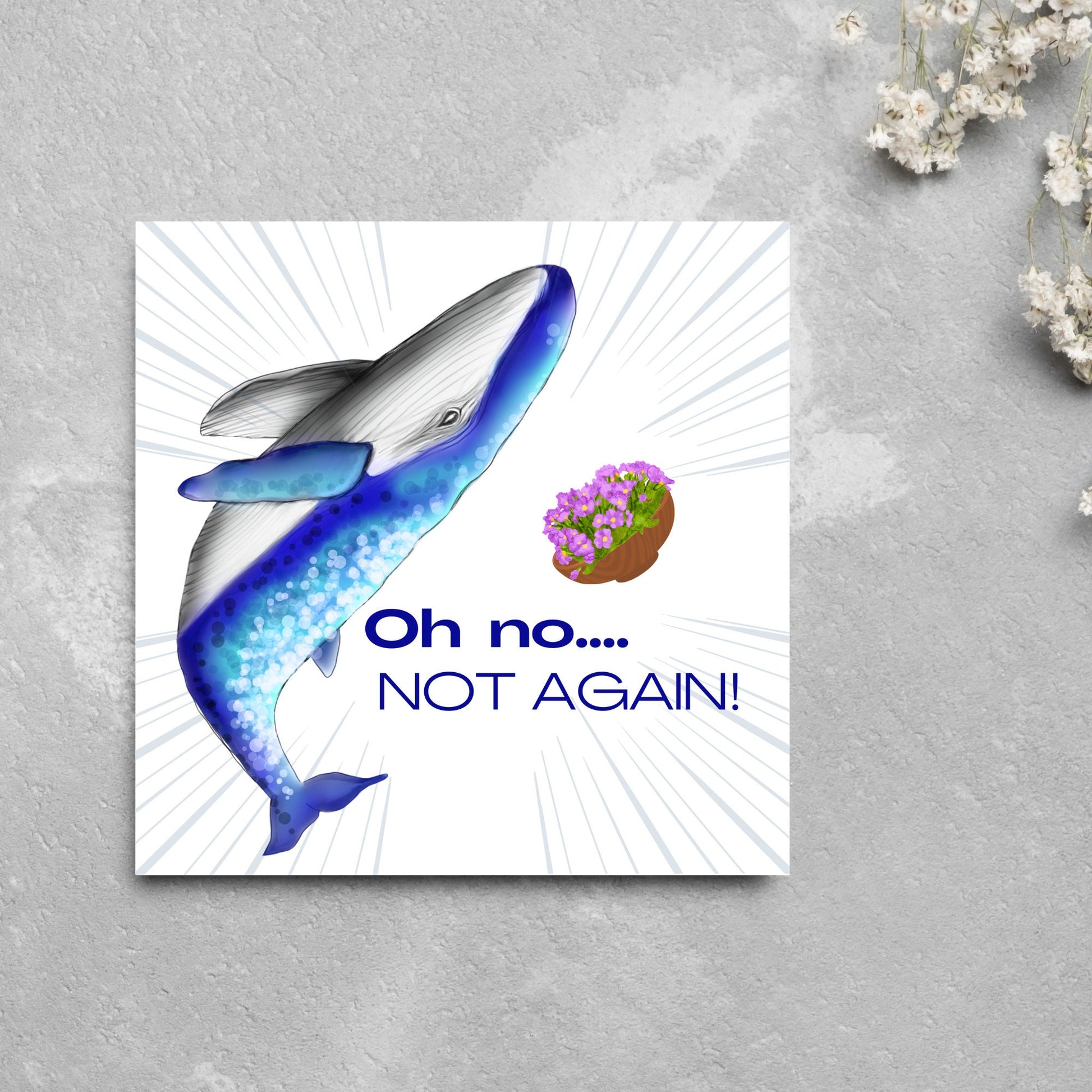 Image of a square greetings card against a grey background. The design is A Hitchhikers Guide to the Galaxy Whale