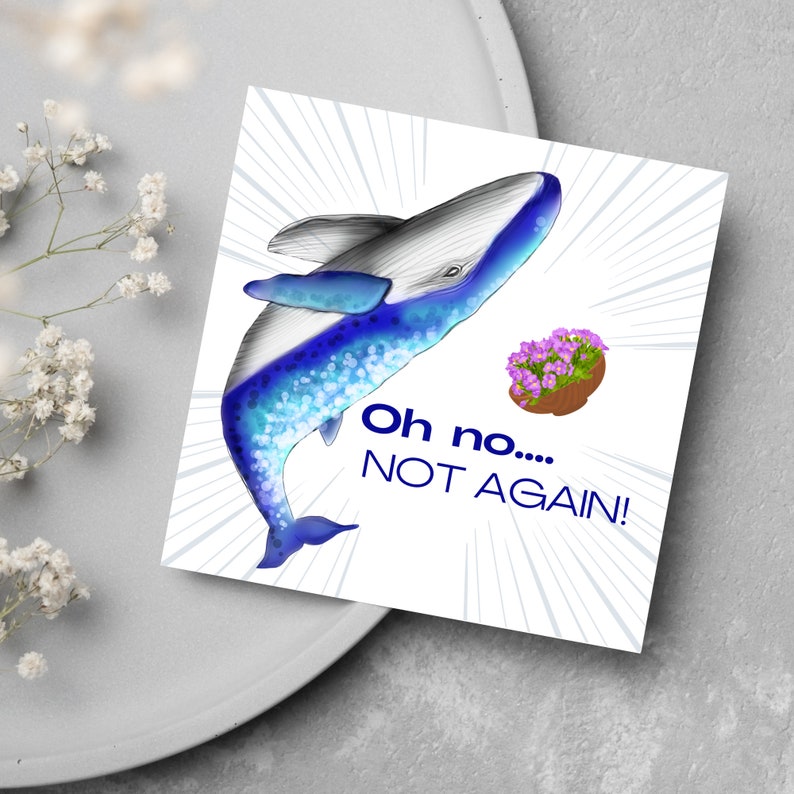 Image of a square greetings card against a grey background. The design is A Hitchhikers Guide to the Galaxy Whale