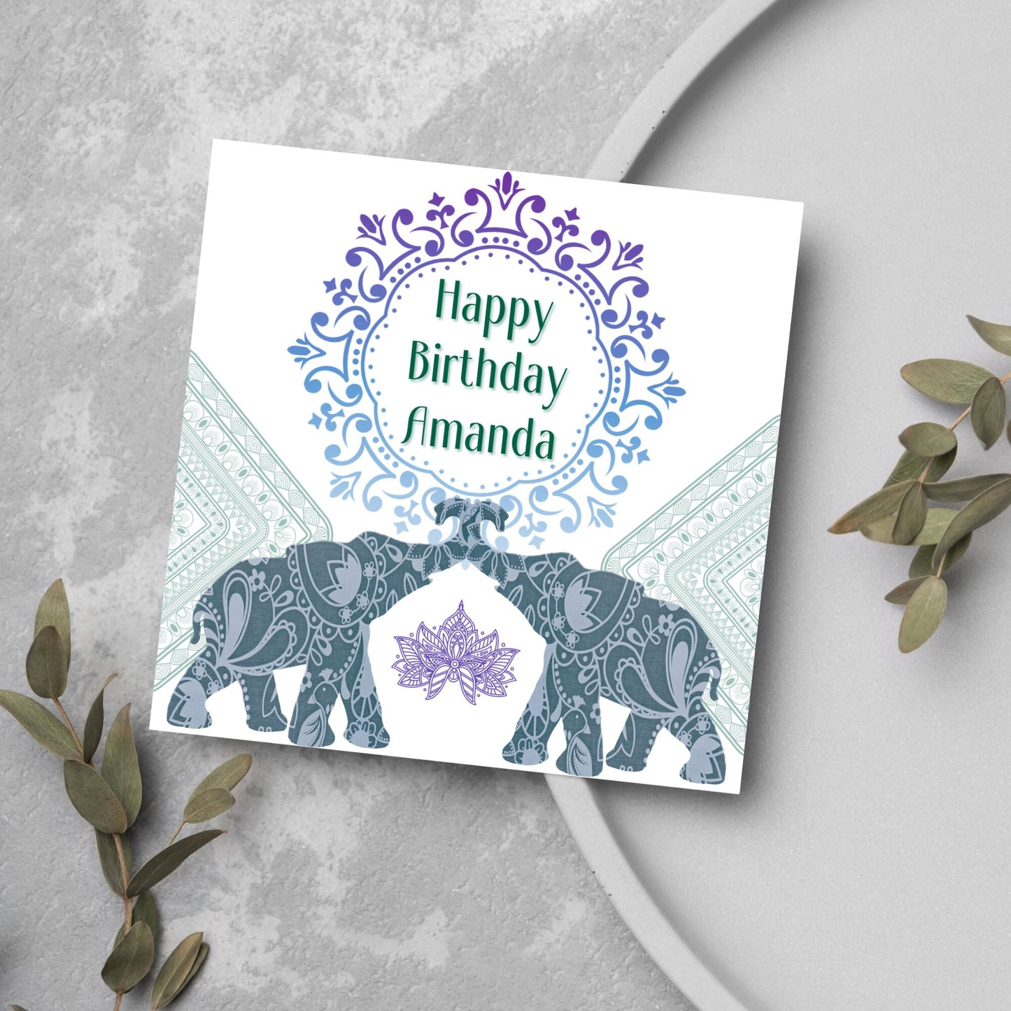 personalised mandala elephants birthday card