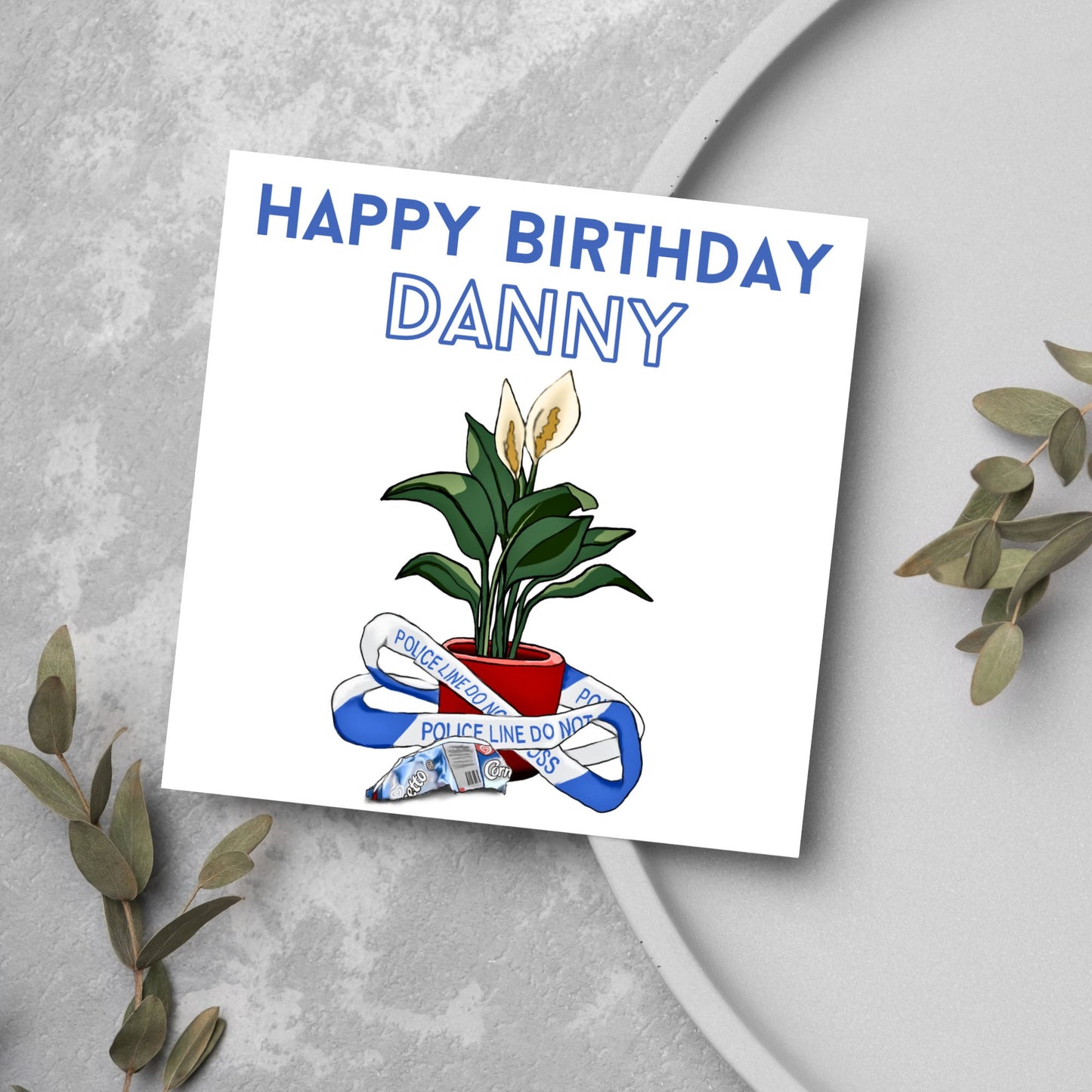 peace lily and police tape drawing hot fuzz birthday name