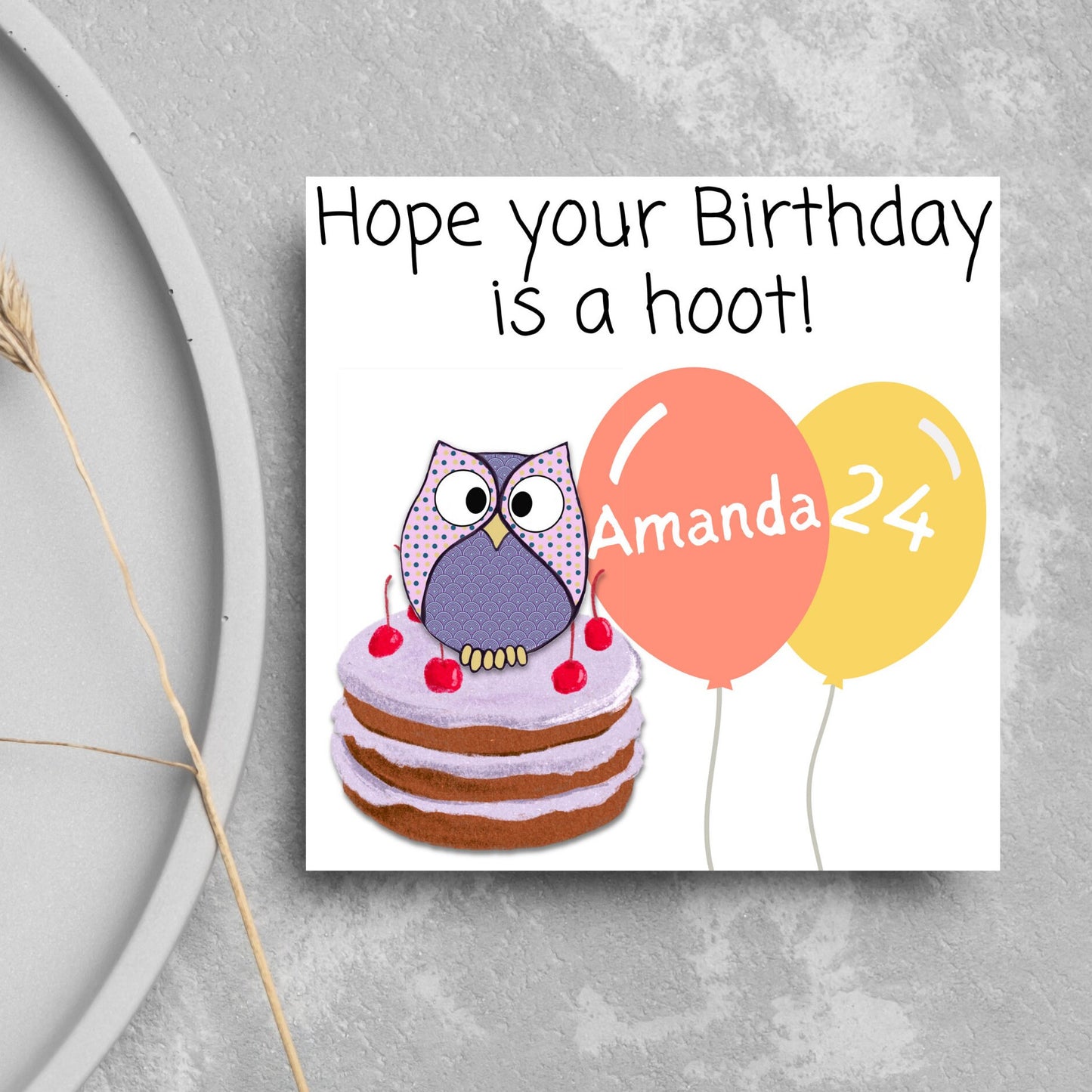 cartoon owl, cake and balloons card 