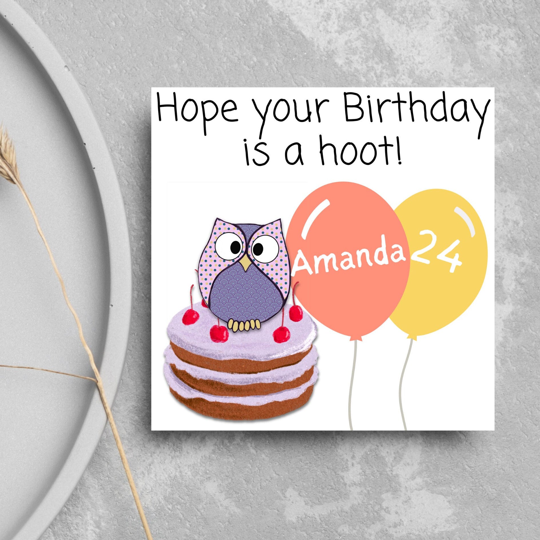 cartoon owl, cake and balloons card 