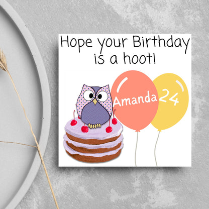 cartoon owl, cake and balloons card 