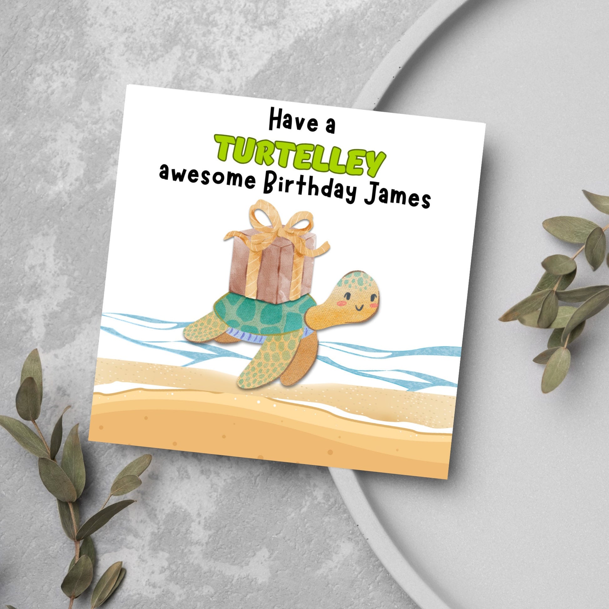 watercolour turtle with gift on his shell and personalised message