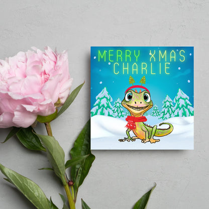 Personalised Christmas card with Lizard design - Cards for Him, Cards for Her, Cards for kids, Xmas card with name, Childs Christmas Card