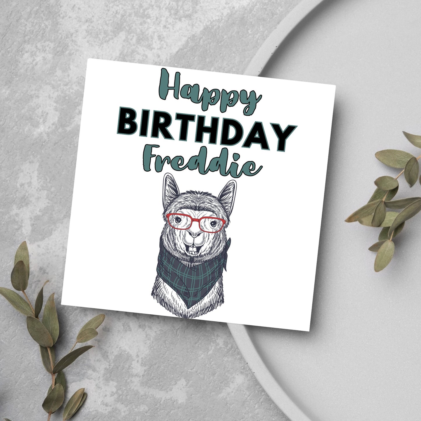 green llama drawing birthday card