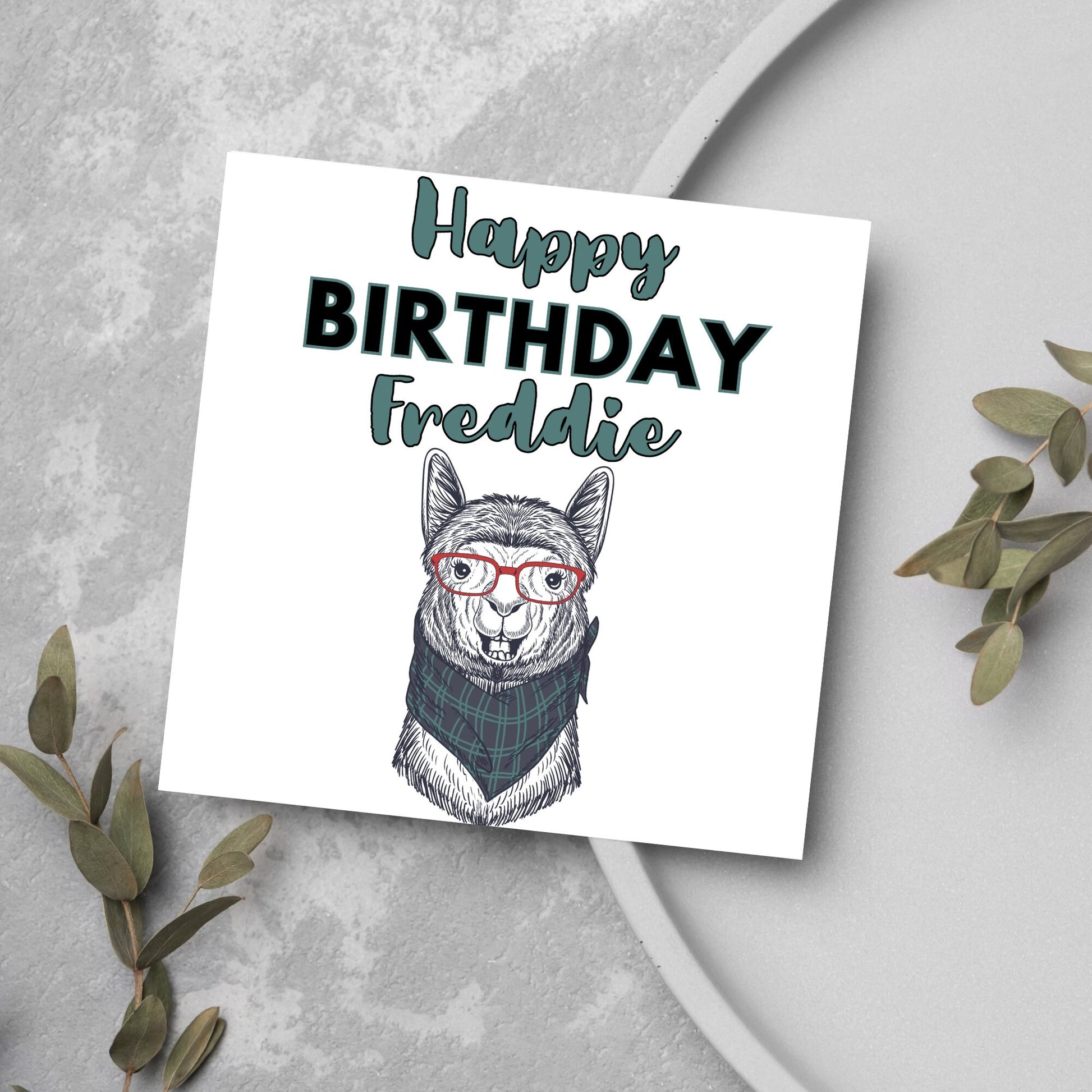 green llama drawing birthday card