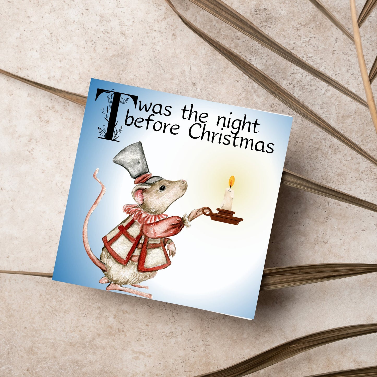 Square Christmas card with a Dickensian Mouse holding a candle in the dark. The mouse is dressed in Victorian clothes and the text &#39;twas the night before christmas&#39; is written across the top of the card