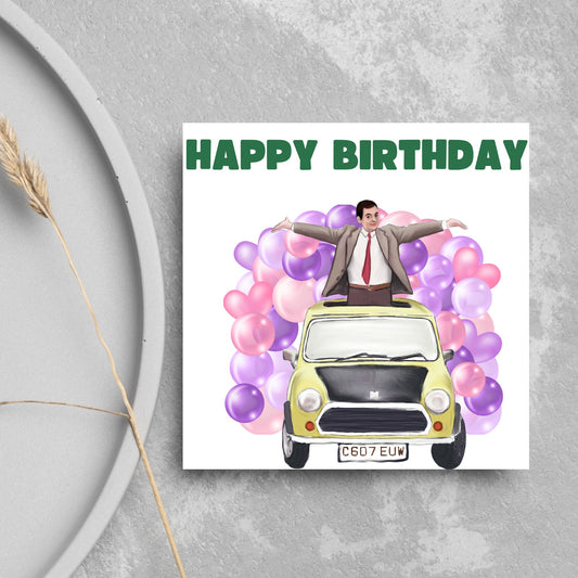 mr bean in car with balloons card