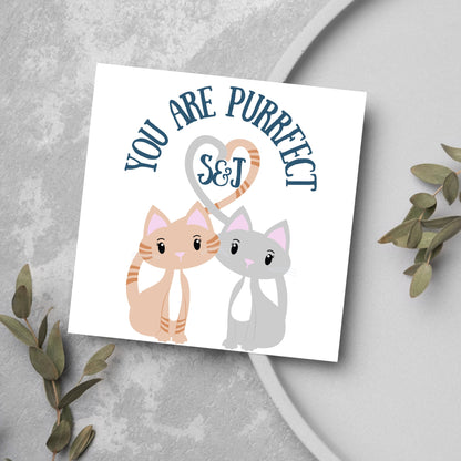The Square Card has two cute illistration of cats with tails which lock to form a heart shape. Inside the heart is the personalisable initals of your loved one. The card reads &#39;You are Purrfect&#39;. This anniversary/valentines day card is cute