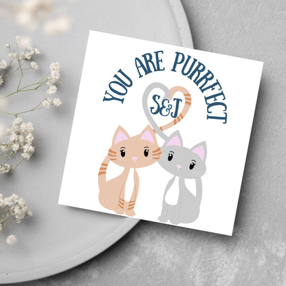 The Square Card has two cute illistration of cats with tails which lock to form a heart shape. Inside the heart is the personalisable initals of your loved one. The card reads &#39;You are Purrfect&#39;. This anniversary/valentines day card is cute