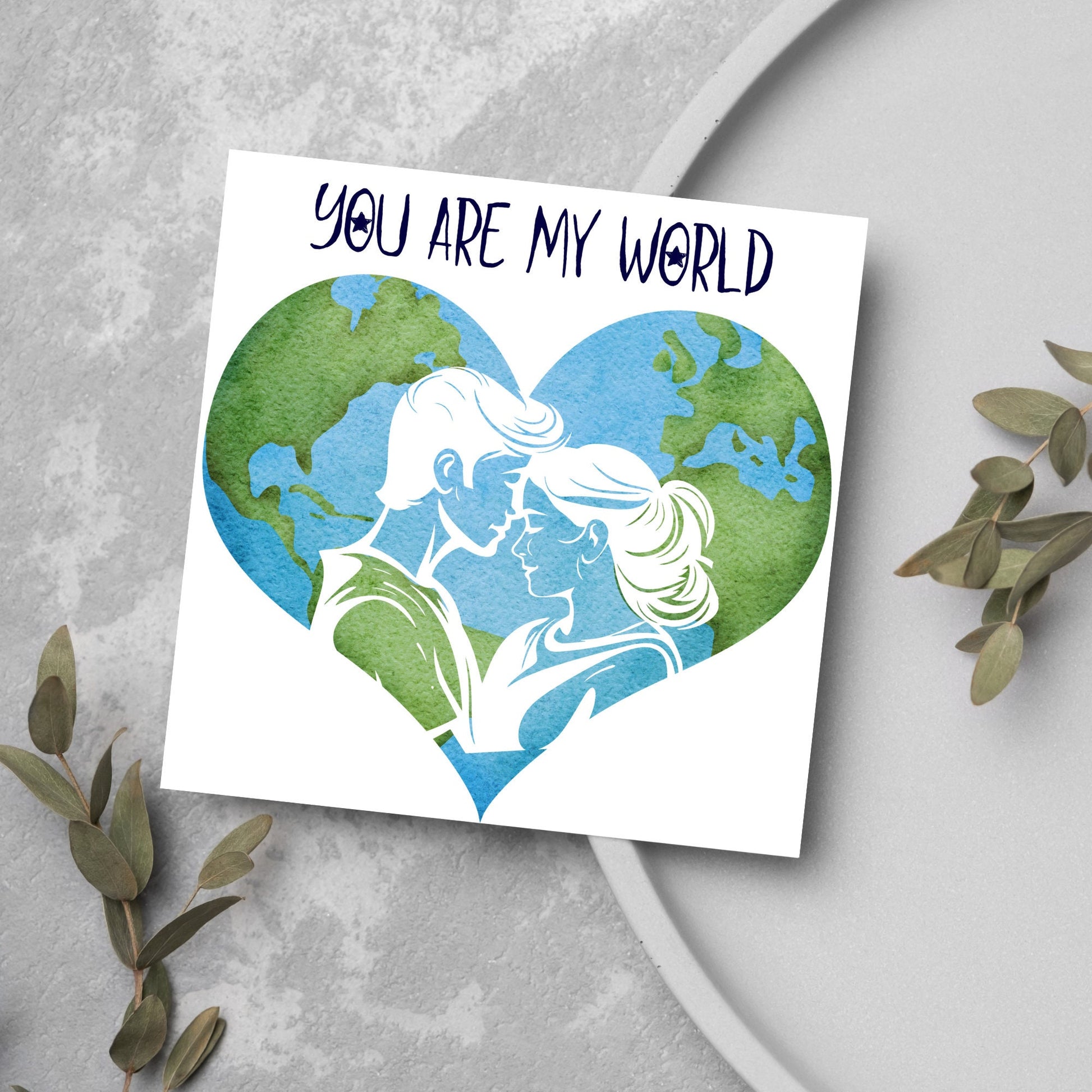 The Square Card has the year in a traditional heart love shape, with a couple embracing eachother. The caption reads &quot;You are my World&quot; This valentines day card is perfect for loved ones, for boyfriend, for girlfriend, for wife, for husband