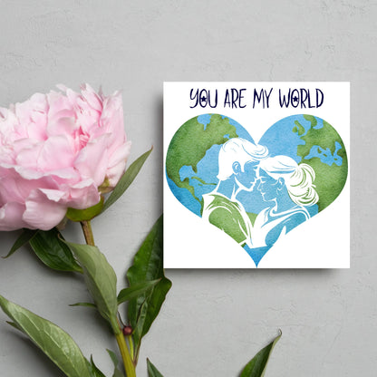 The Square Card has the year in a traditional heart love shape, with a couple embracing eachother. The caption reads &quot;You are my World&quot; This valentines day card is perfect for loved ones, for boyfriend, for girlfriend, for wife, for husband