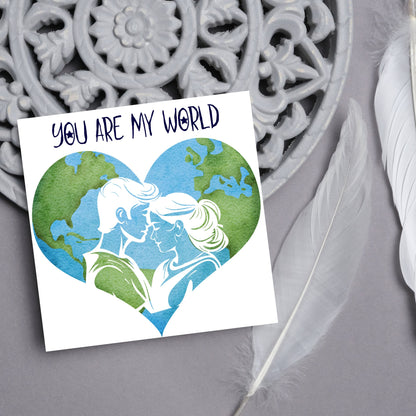 The Square Card has the year in a traditional heart love shape, with a couple embracing eachother. The caption reads &quot;You are my World&quot; This valentines day card is perfect for loved ones, for boyfriend, for girlfriend, for wife, for husband