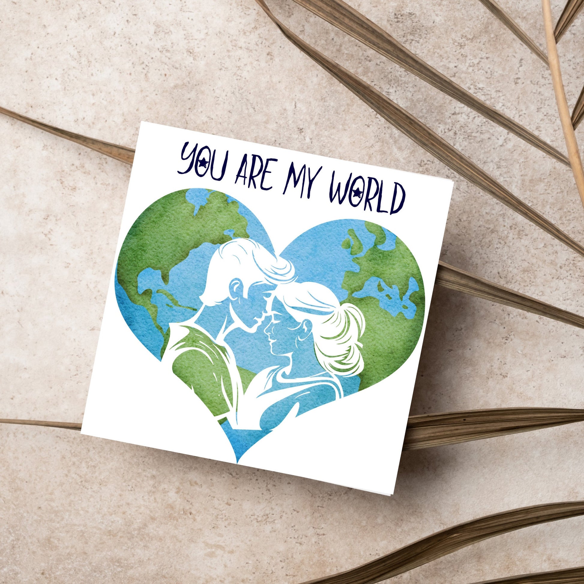 The Square Card has the year in a traditional heart love shape, with a couple embracing eachother. The caption reads &quot;You are my World&quot; This valentines day card is perfect for loved ones, for boyfriend, for girlfriend, for wife, for husband