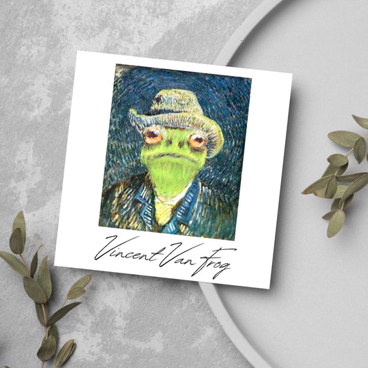 Image of a square greetings card with a remake of Vincent Van Gogh&#39;s famous self portrait but redone into a frog face. Underneath the painting the text reads Vincent Van Frog in a signature style