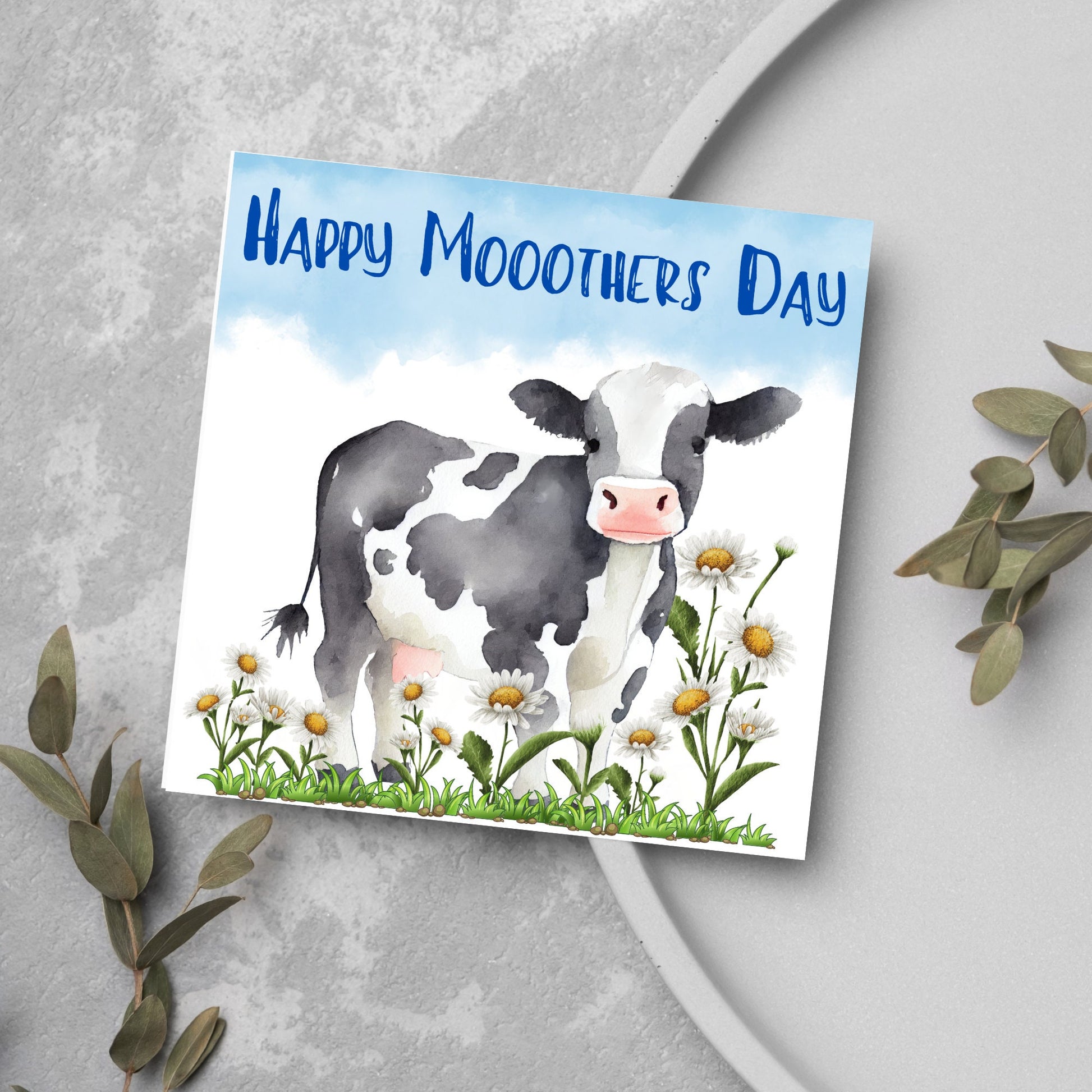 watercolour card for mum with cow and daisies 
