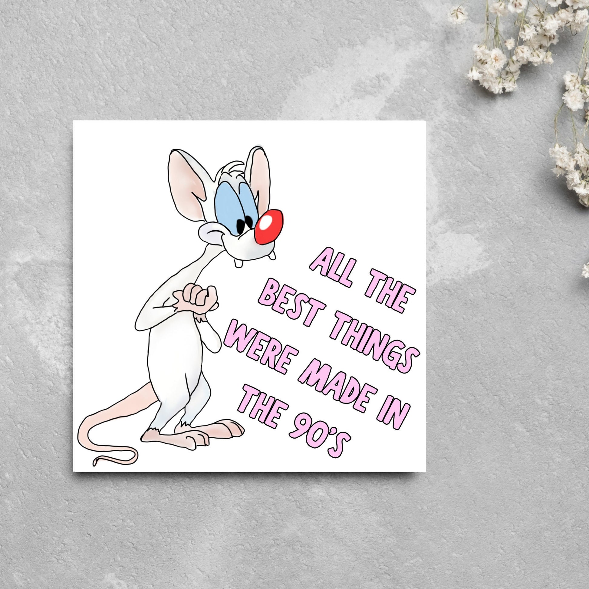 square card featuring an illustration of Pinky from Pinky and the brain with pink text text that reads  &#39;all the best things were&#39; made in the 90&#39;s&#39; in the font from the shows title