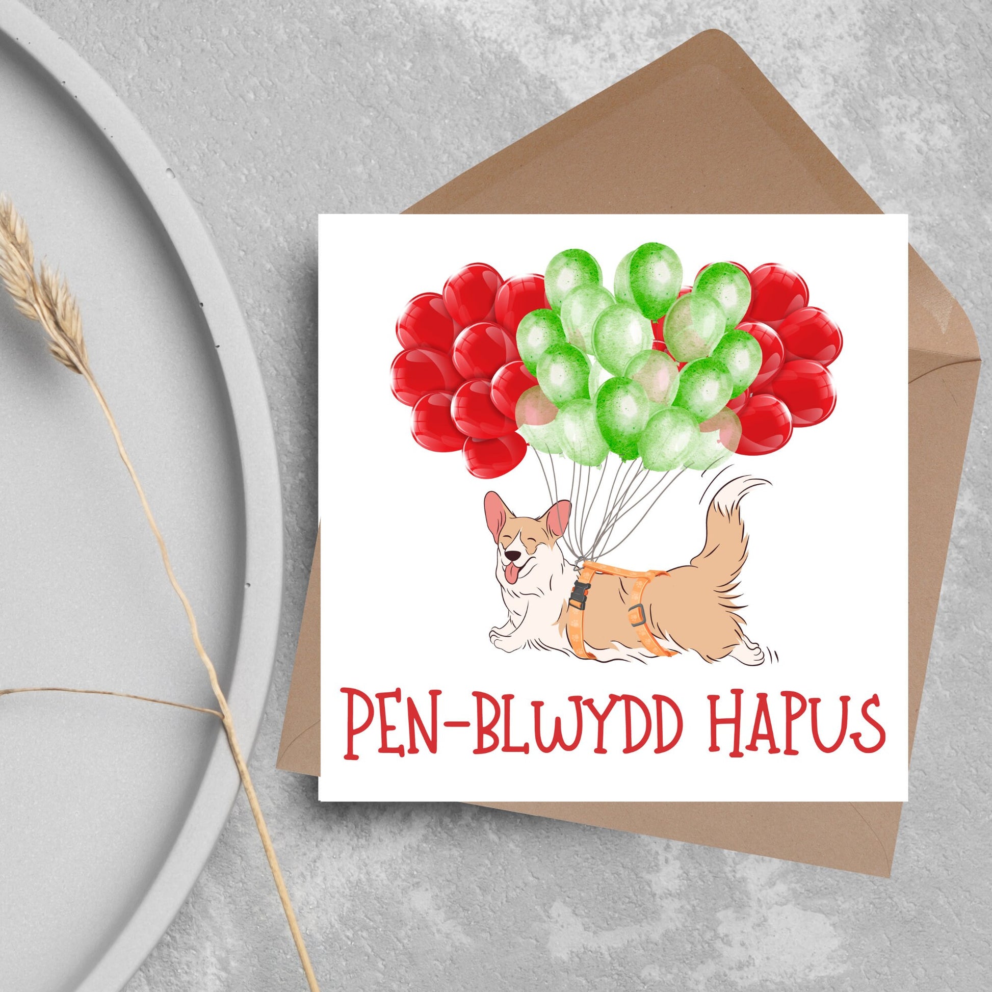 drawing of corgi floating with red and green balloons, welsh birthday