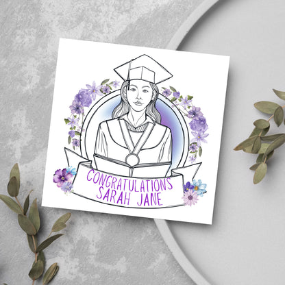 purple girl in graduation cap with congratulations banner