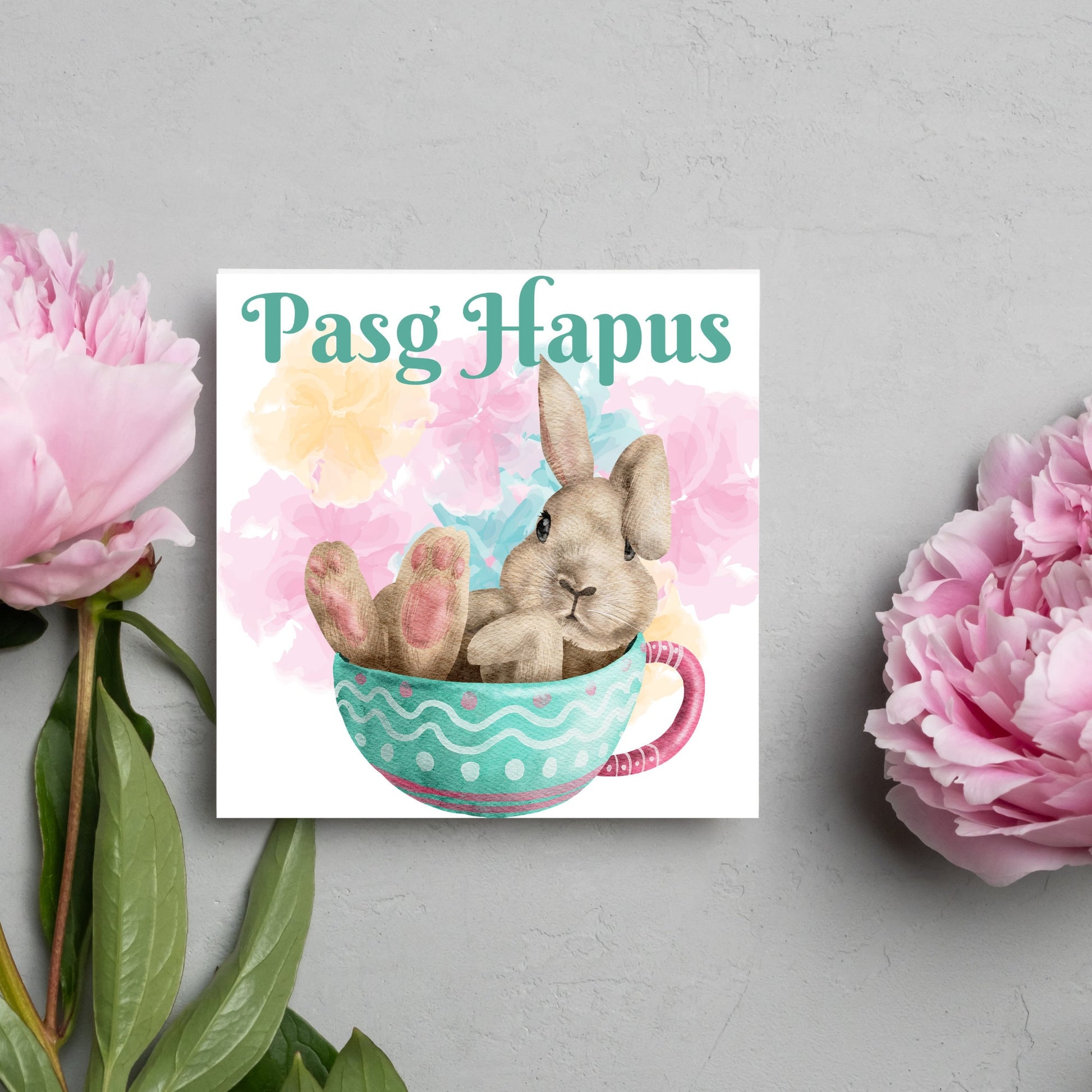 easter bunny in a teacup welsh watercolour card