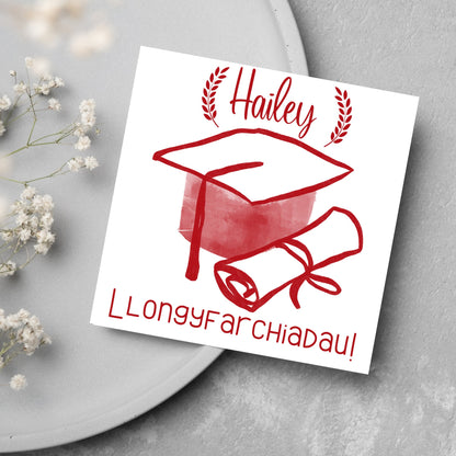 red welsh language graduation card with name