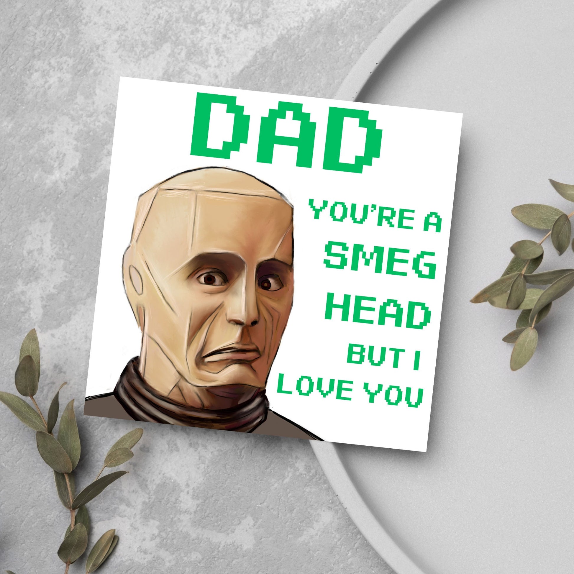 drawing of kryten card for dad smeg head