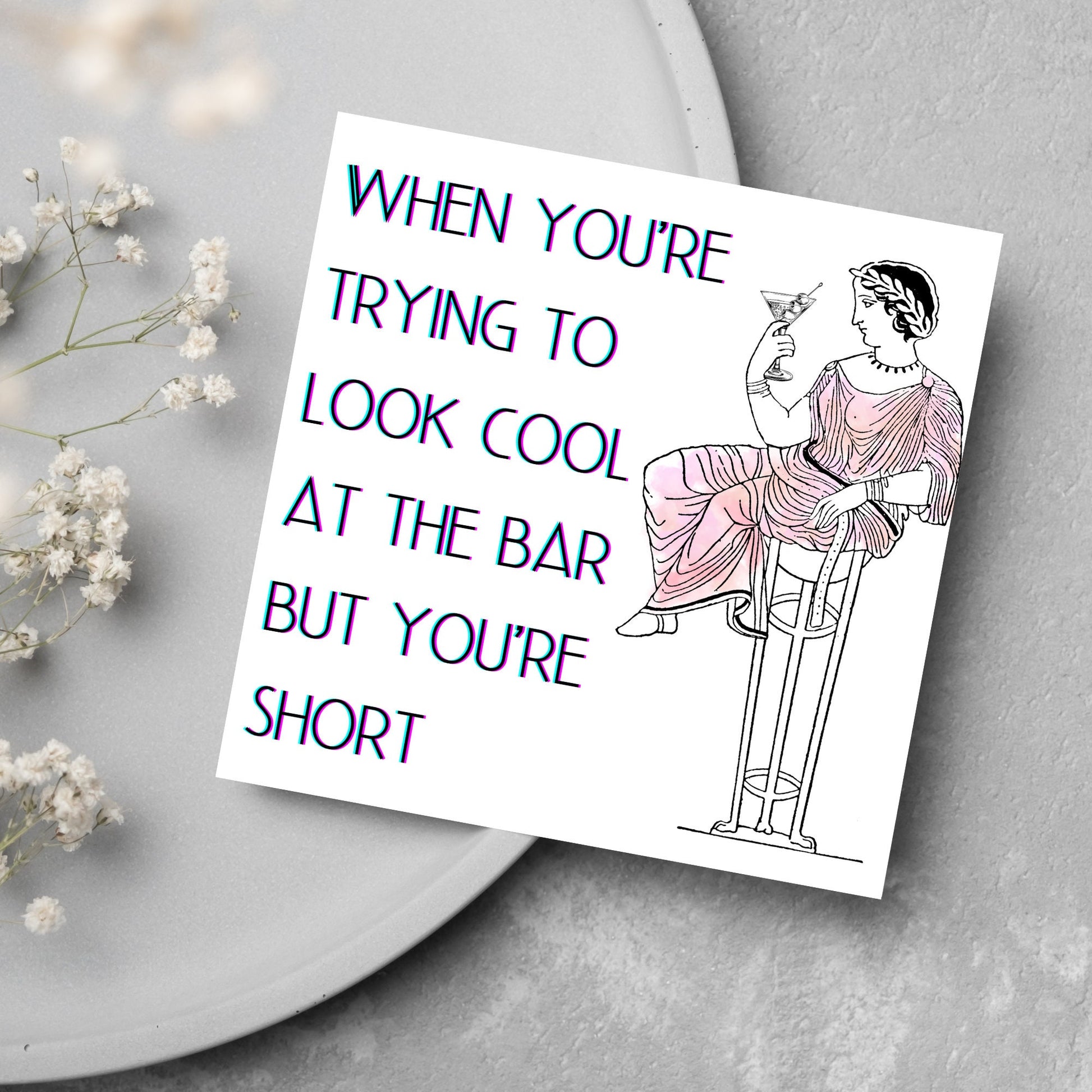 ancient greek woman sitting on a very tall bar stool with  a drink in hand