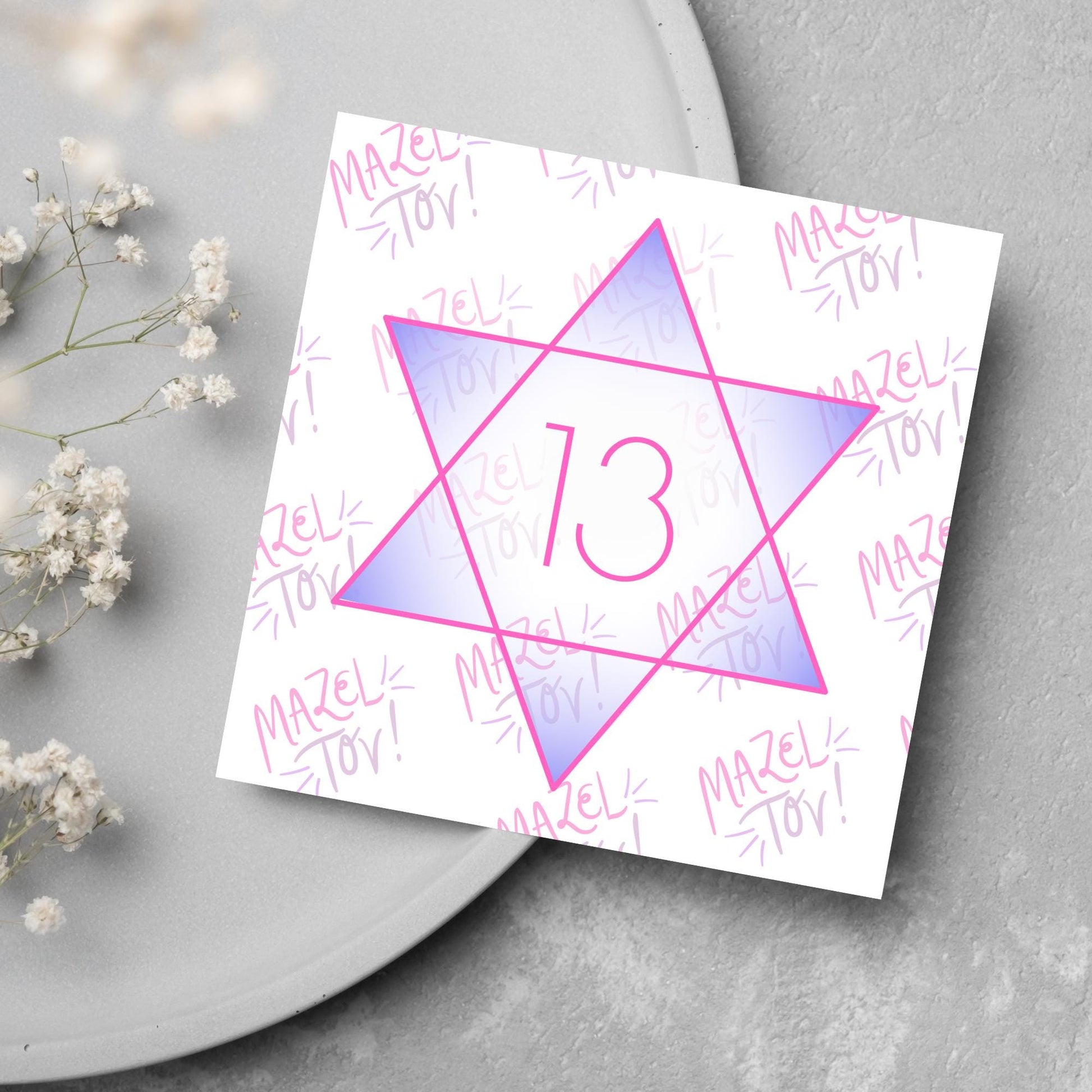 square Bat Mitzvah card with a pink line star of david with the number 13 with a purple gradient backing against the words Mazel Tov repeated as a backdrop