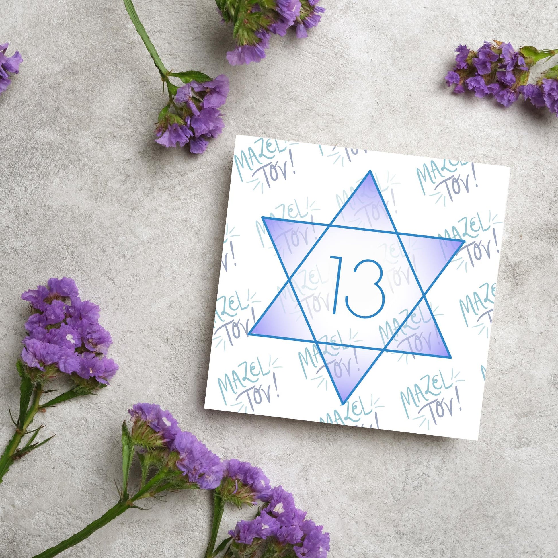 square Bar Mitzvah card with a blue line star of david with the number 13 with a purple gradient backing against the words Mazel Tov repeated as a backdrop