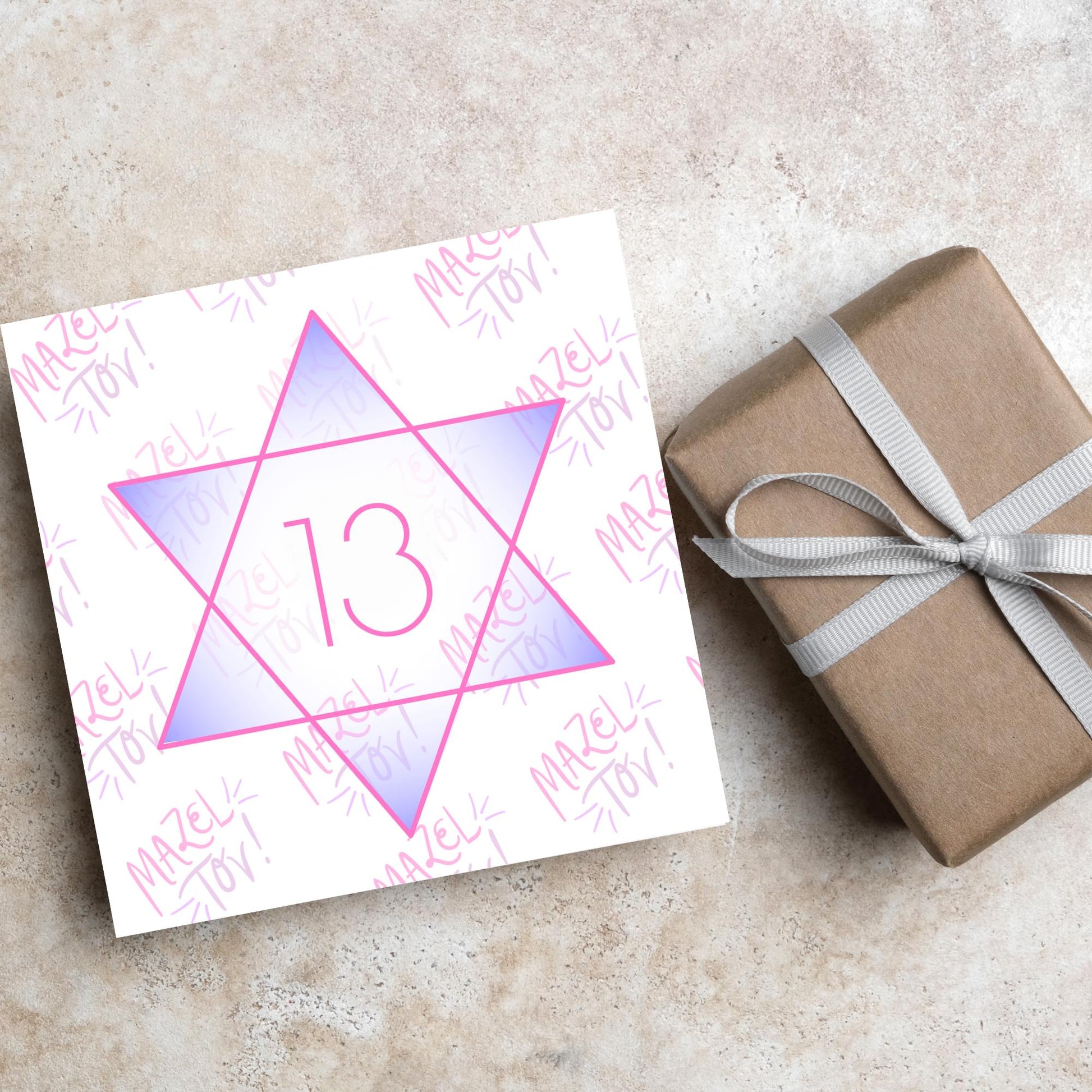 square Bat Mitzvah card with a pink line star of david with the number 13 with a purple gradient backing against the words Mazel Tov repeated as a backdrop