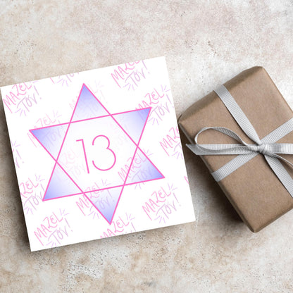 square Bat Mitzvah card with a pink line star of david with the number 13 with a purple gradient backing against the words Mazel Tov repeated as a backdrop