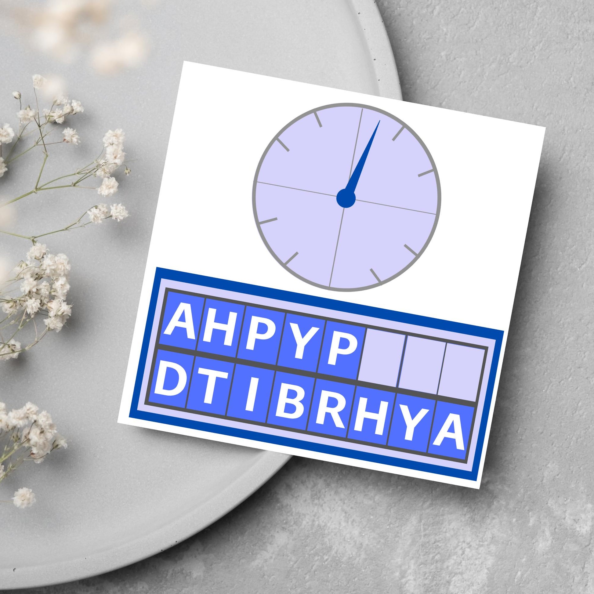Square birthday card with a countdown theme with the clock and jumbled up letters that spell happy birthday