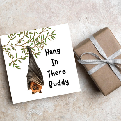 square card with an illustration of a bat hanging upside down from a tree branch with black text next to it that reads - Hang in there buddy
