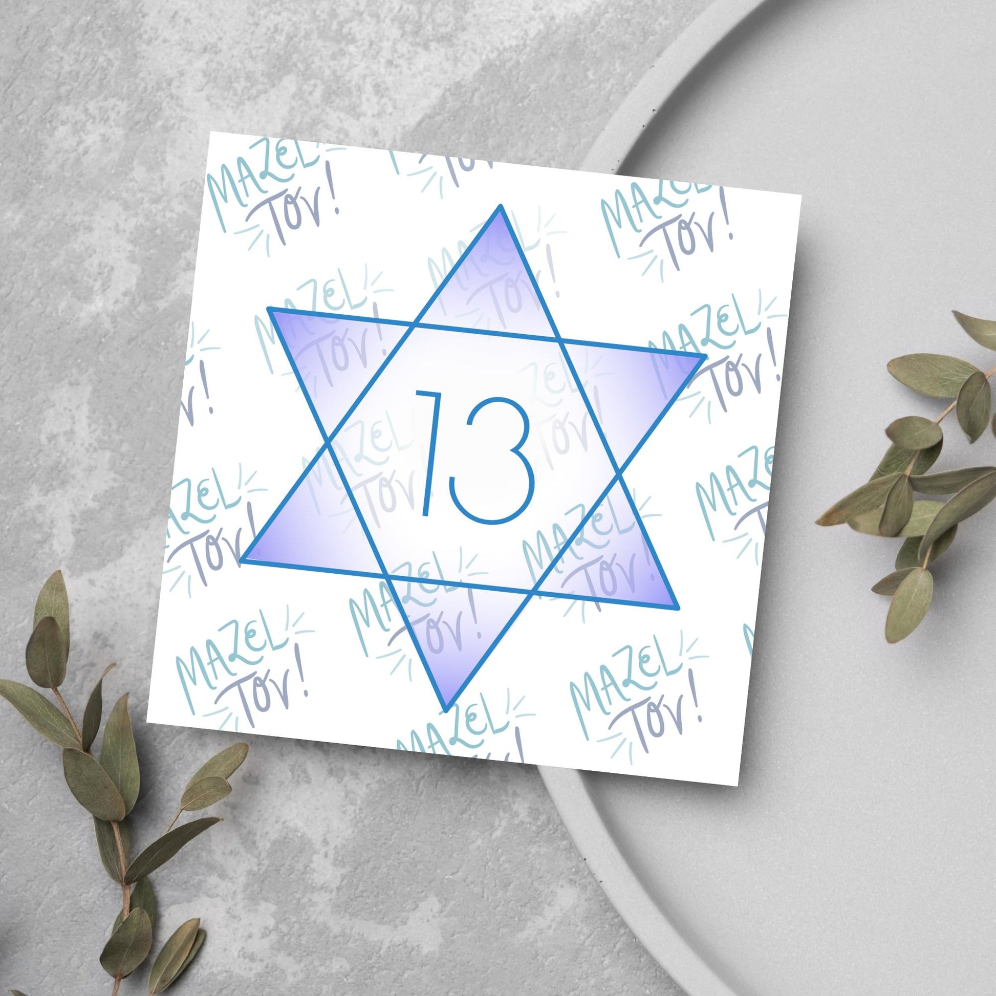square Bar Mitzvah card with a blue line star of david with the number 13 with a purple gradient backing against the words Mazel Tov repeated as a backdrop
