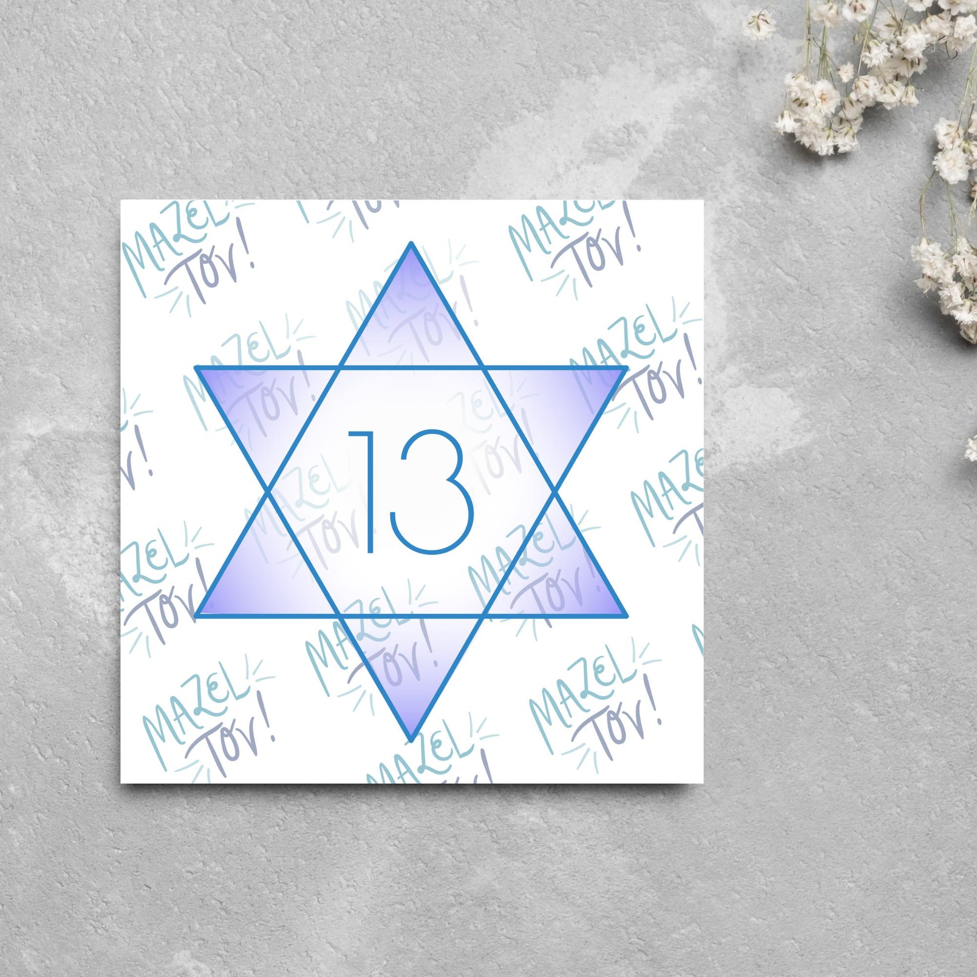 square Bar Mitzvah card with a blue line star of david with the number 13 with a purple gradient backing against the words Mazel Tov repeated as a backdrop