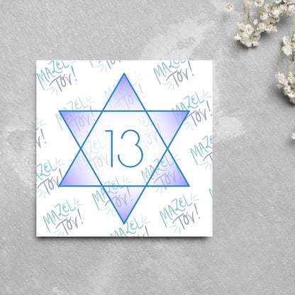 square Bar Mitzvah card with a blue line star of david with the number 13 with a purple gradient backing against the words Mazel Tov repeated as a backdrop