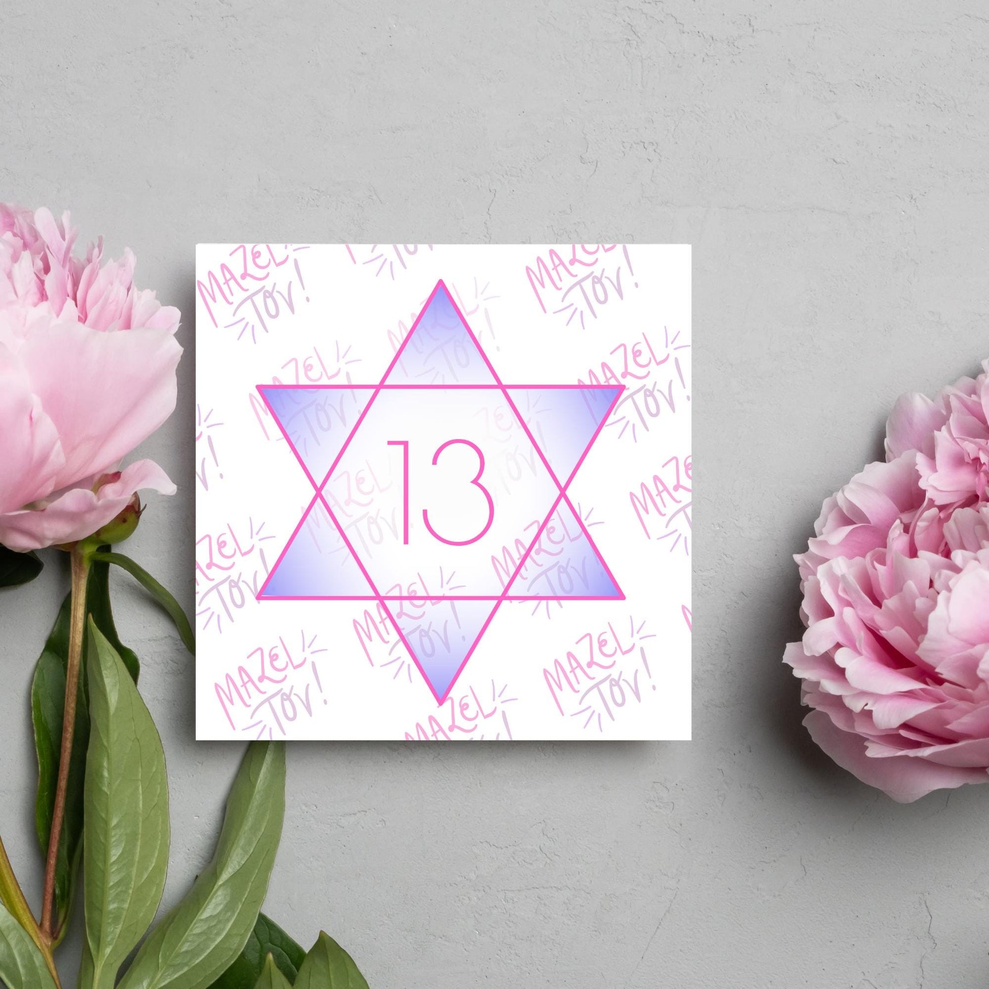 square Bat Mitzvah card with a pink line star of david with the number 13 with a purple gradient backing against the words Mazel Tov repeated as a backdrop
