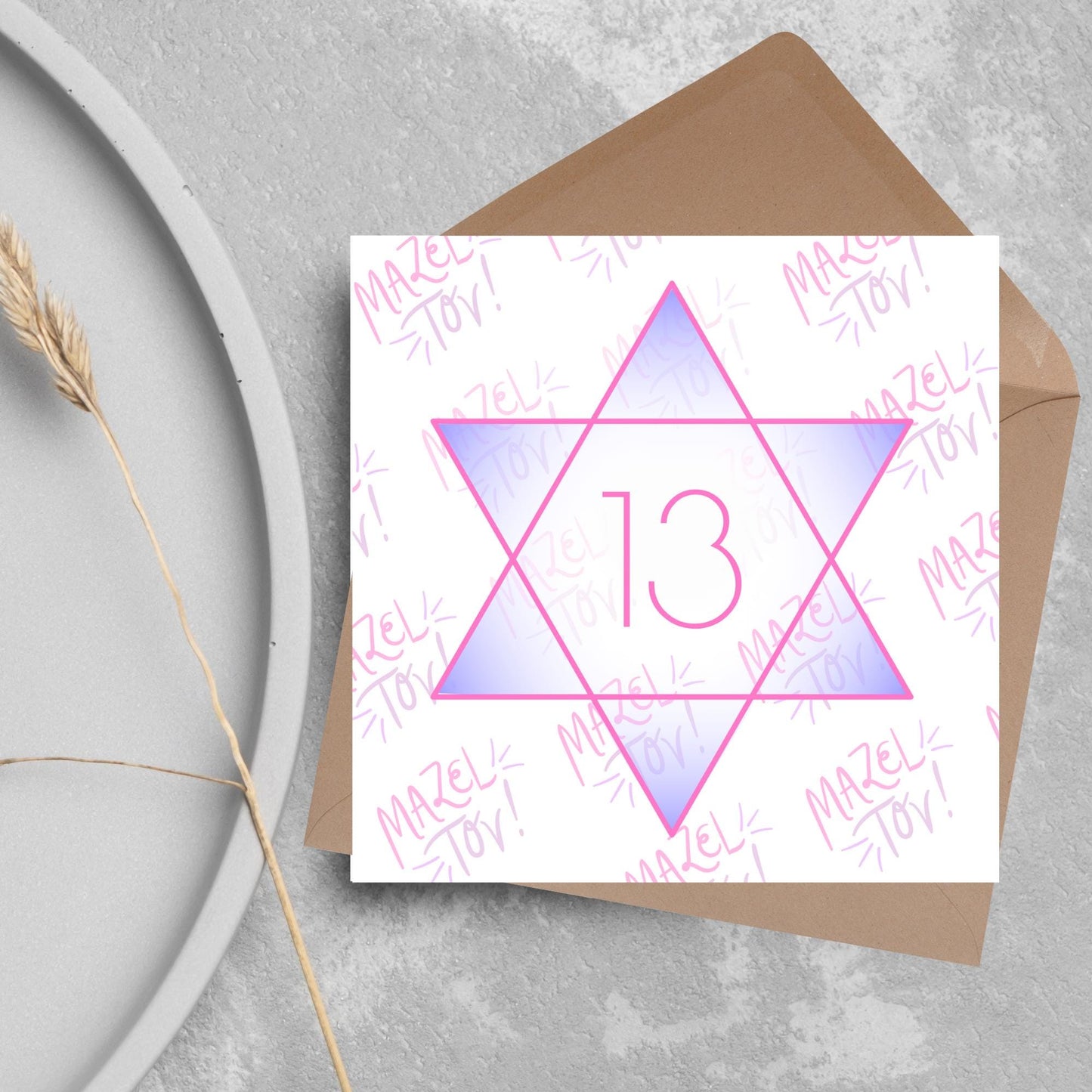 square Bat Mitzvah card with a pink line star of david with the number 13 with a purple gradient backing against the words Mazel Tov repeated as a backdrop