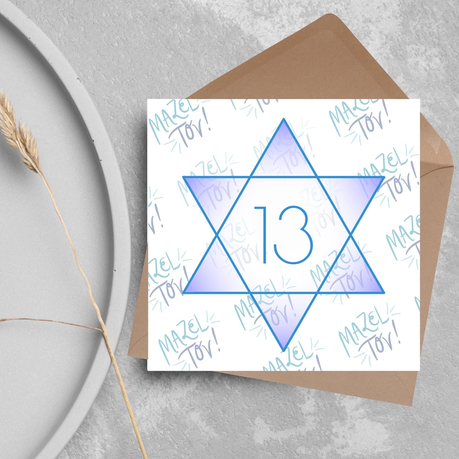 square Bar Mitzvah card with a blue line star of david with the number 13 with a purple gradient backing against the words Mazel Tov repeated as a backdrop