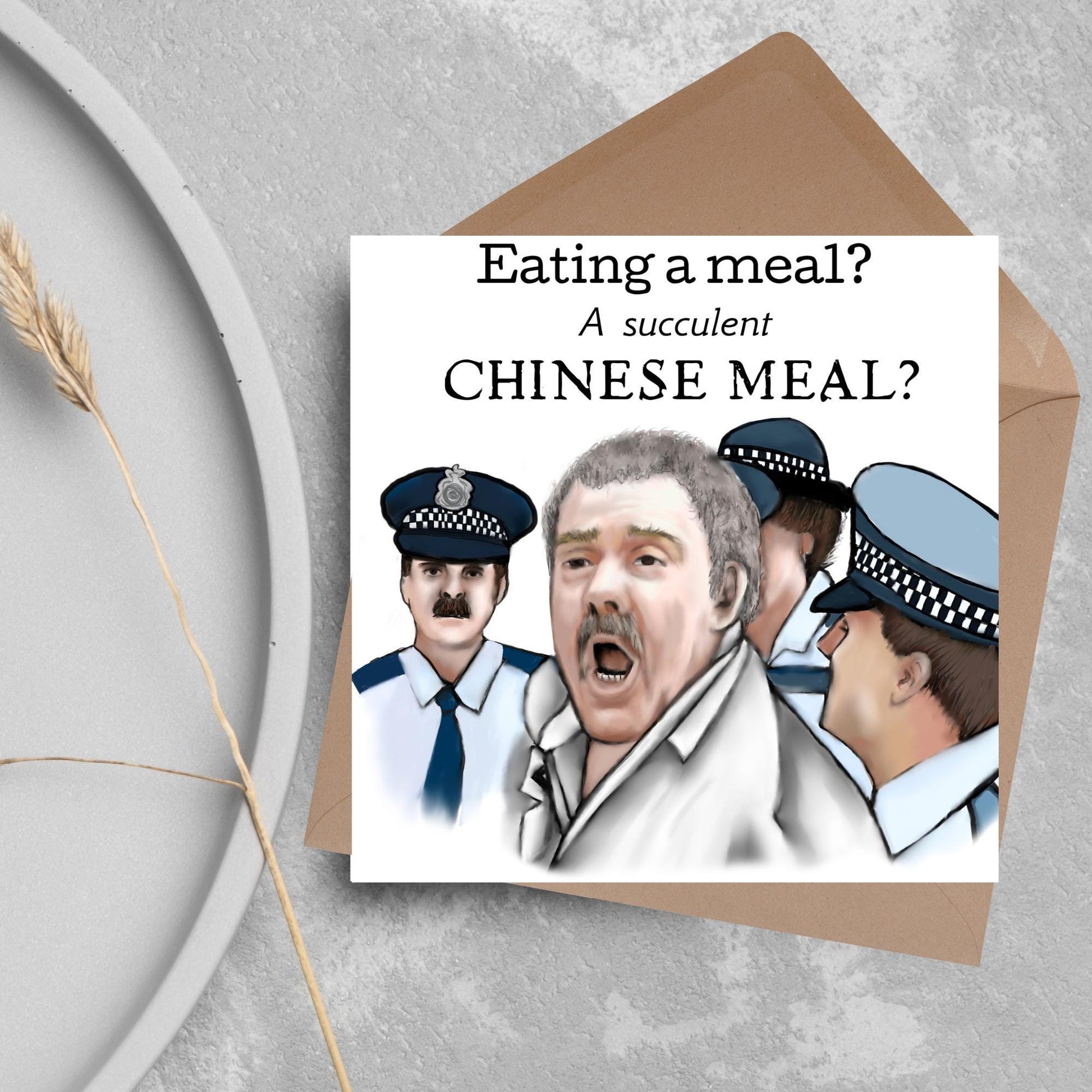 Square greeting card with a hand drawn image of Charles Dozsa from the famous democracy manifest meme surrounded by police and the text - eating a meal? a succulent Chinese meal?