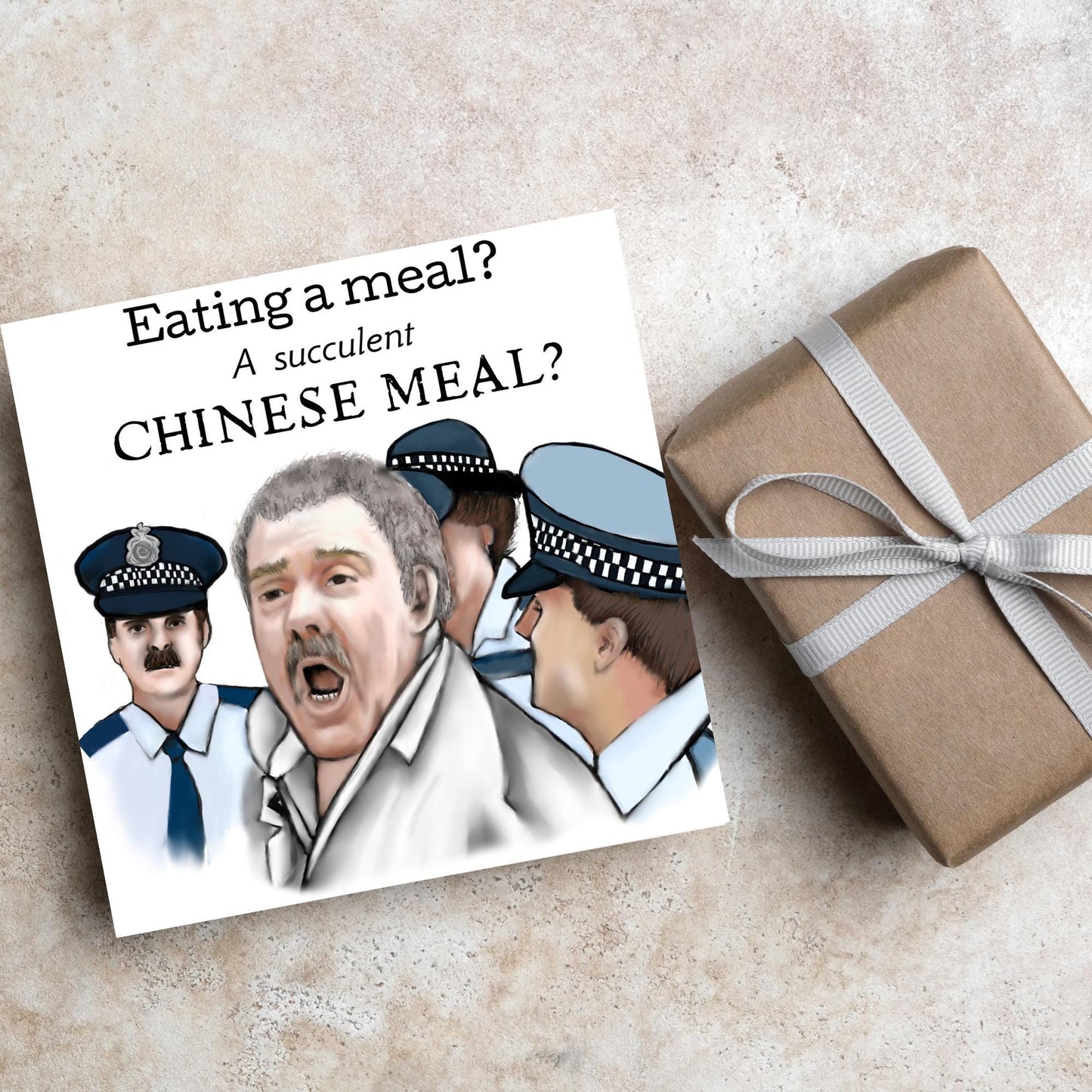 Square greeting card with a hand drawn image of Charles Dozsa from the famous democracy manifest meme surrounded by police and the text - eating a meal? a succulent Chinese meal?