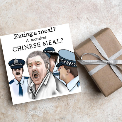 Square greeting card with a hand drawn image of Charles Dozsa from the famous democracy manifest meme surrounded by police and the text - eating a meal? a succulent Chinese meal?