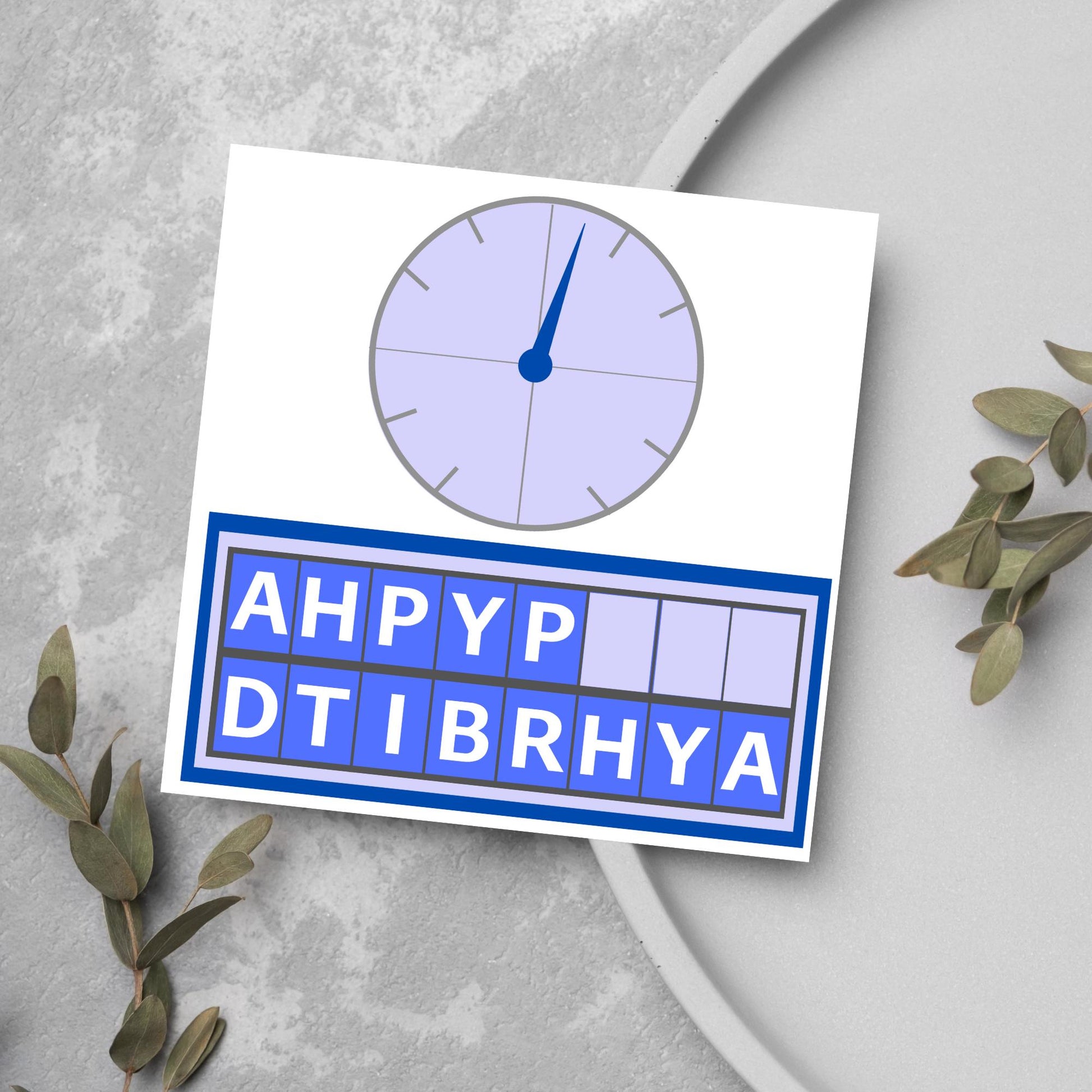 Square birthday card with a countdown theme with the clock and jumbled up letters that spell happy birthday